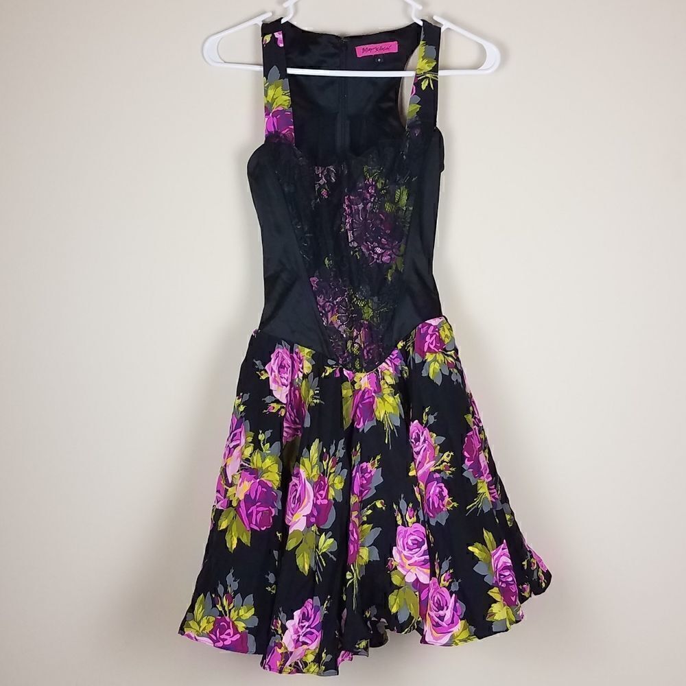 Vintage Betsey Johnson Black Silk Corset Floral Dress Size 0